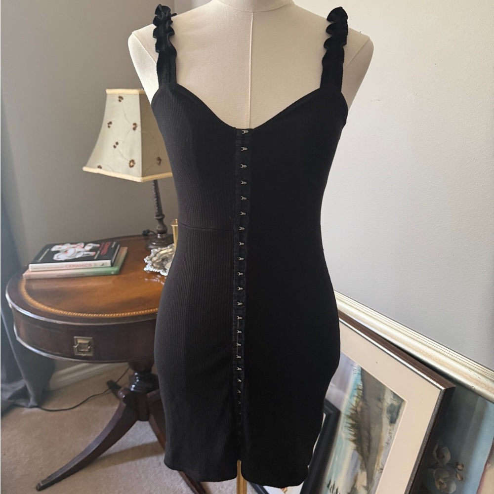 Reformation Mandeville Black Mini Dress Ruffle Hook Front M